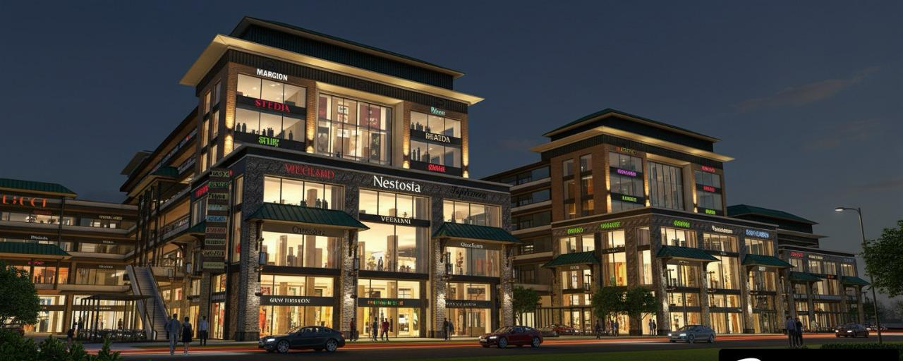 Retail high-street development at dusk