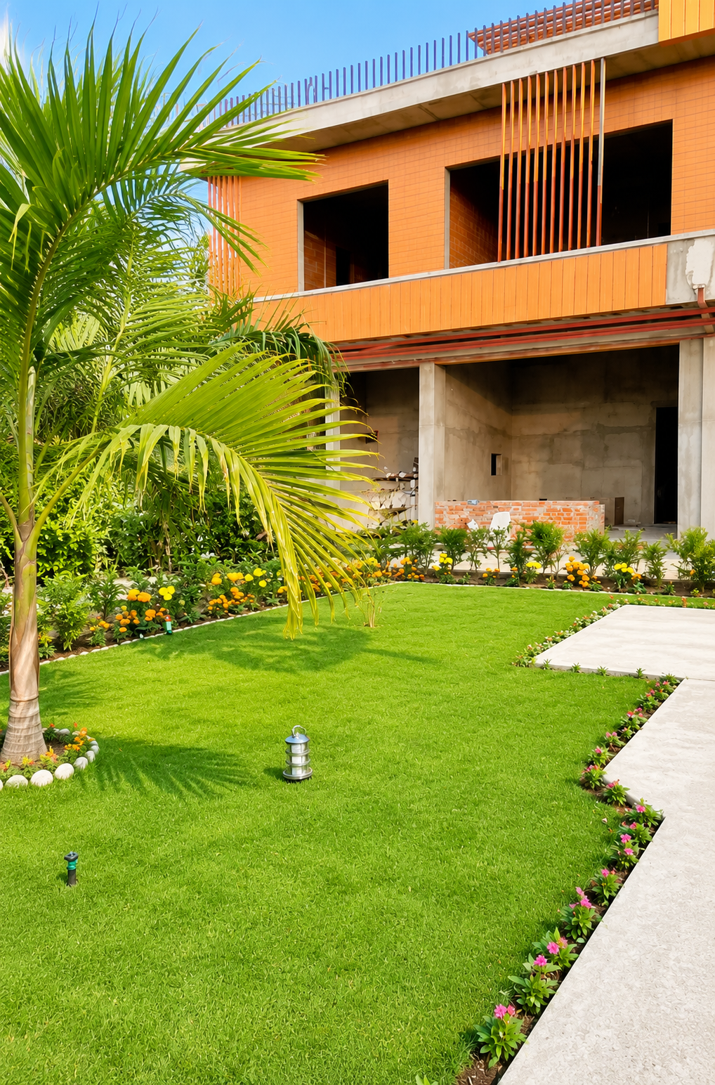 Luxury residence with manicured lawn and flower beds